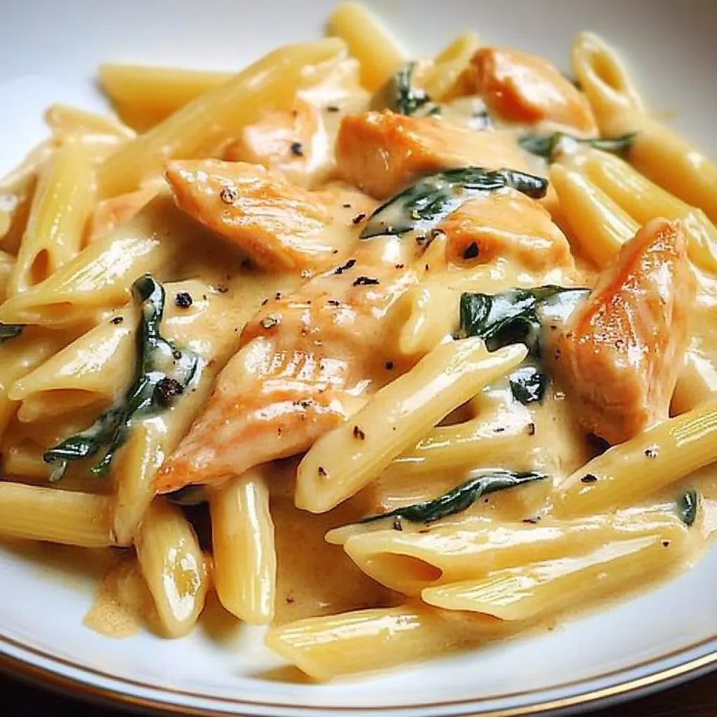 Penne in Lachs-Sahne-Sauce mit Spinat